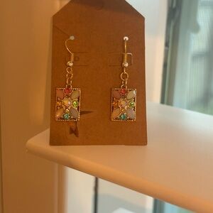 Gold-Tone Multicolor Gemstone Rectangle Drop Earrings